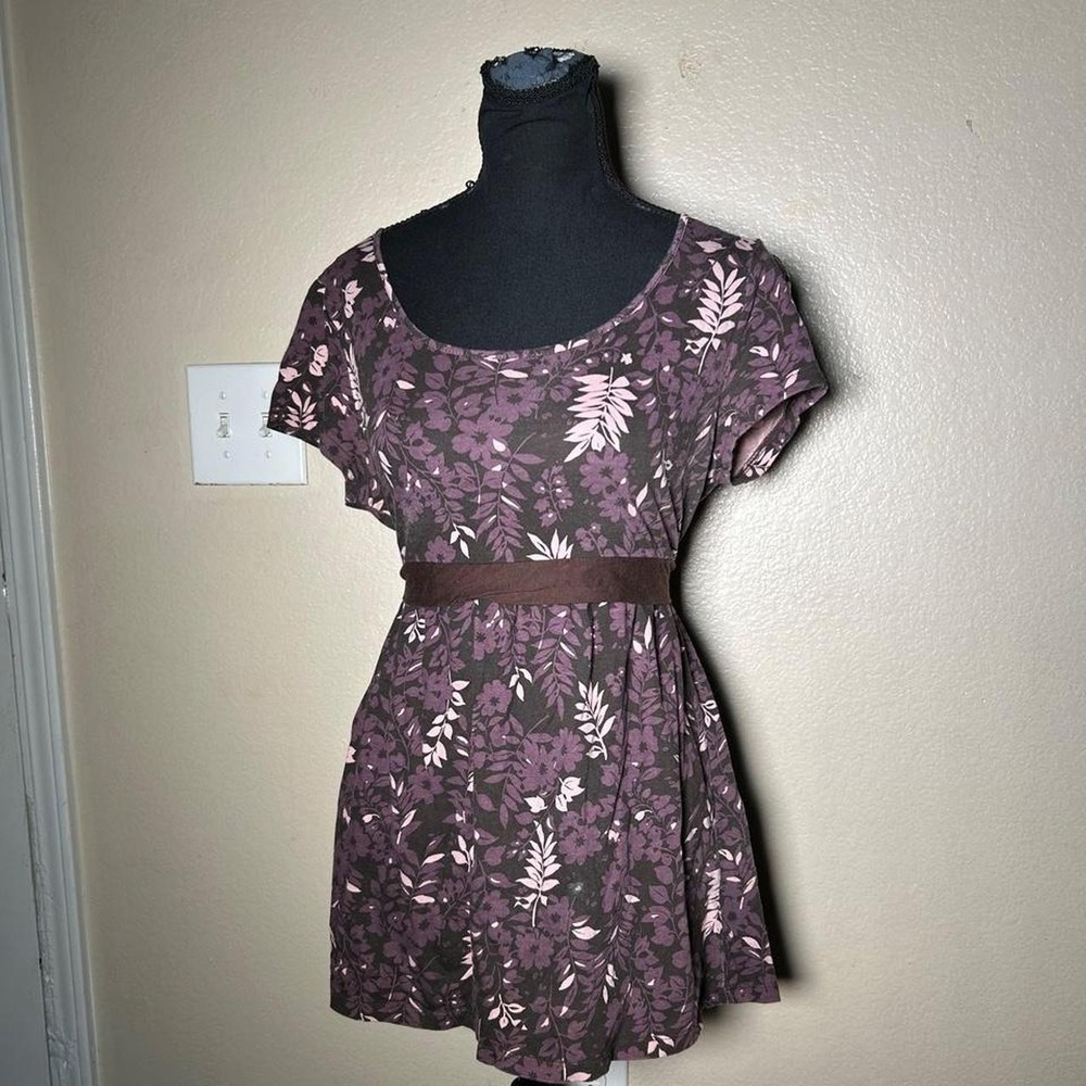 Sonoma Life & Style Floral Babydoll Top Brown Purple Short Sleeve Tie